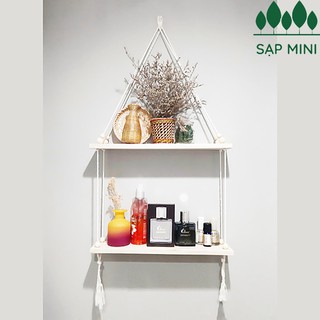 Kệ gỗ treo tường dây thừng 2 Tầng màu trắng decor, gỗ quế, tặng kèm móc treo