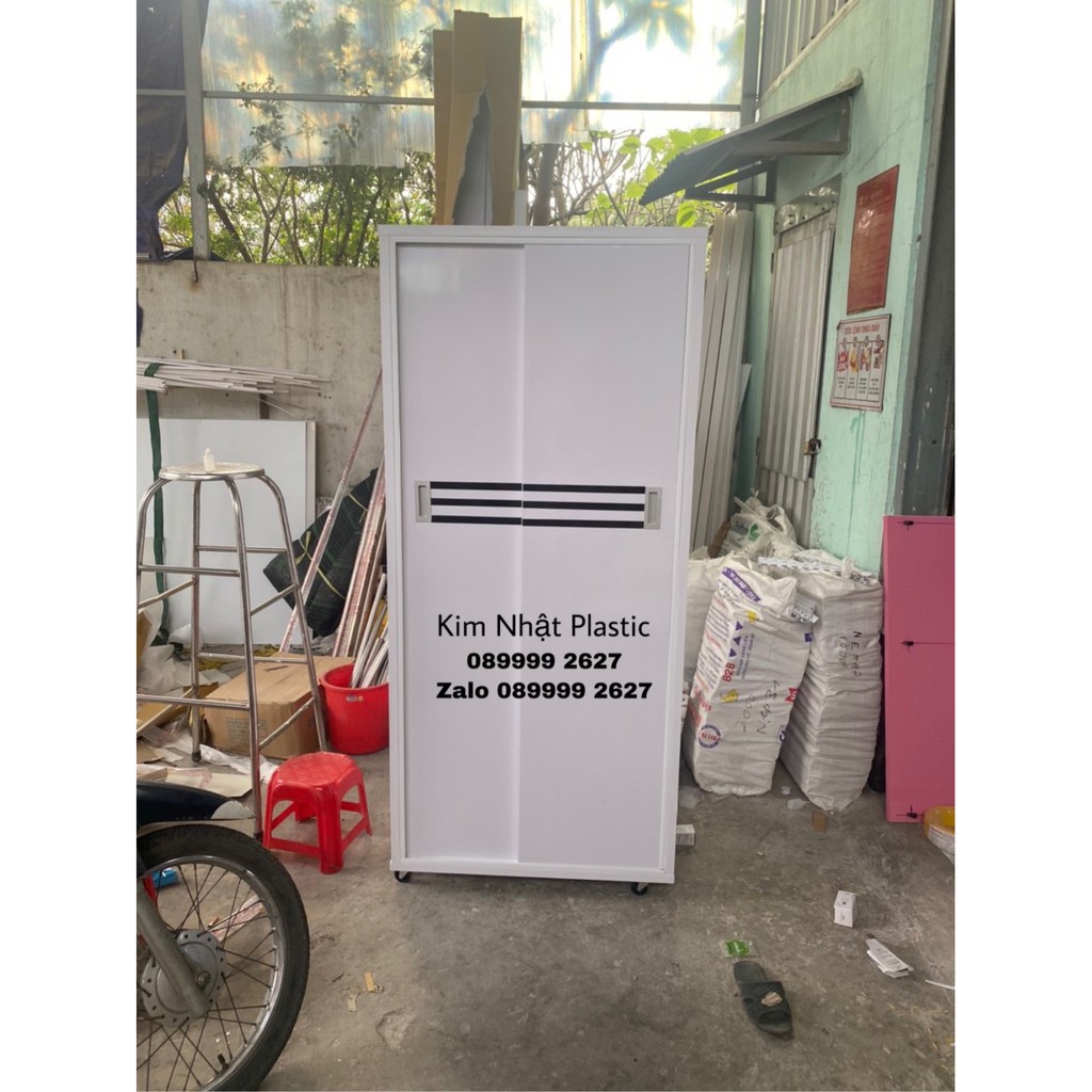 Tủ nhựa Đài Loan 2 cánh cửa lùa dán chỉ trắng cực đẹp FREESHIP N1