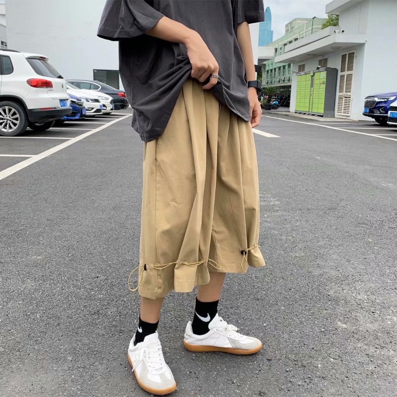 Khaki Male Wide Leg Cargo Pants Fashion Retro Cropped Box Pants for Men Korean Style Multi-pocket Hip Hop Streetwear