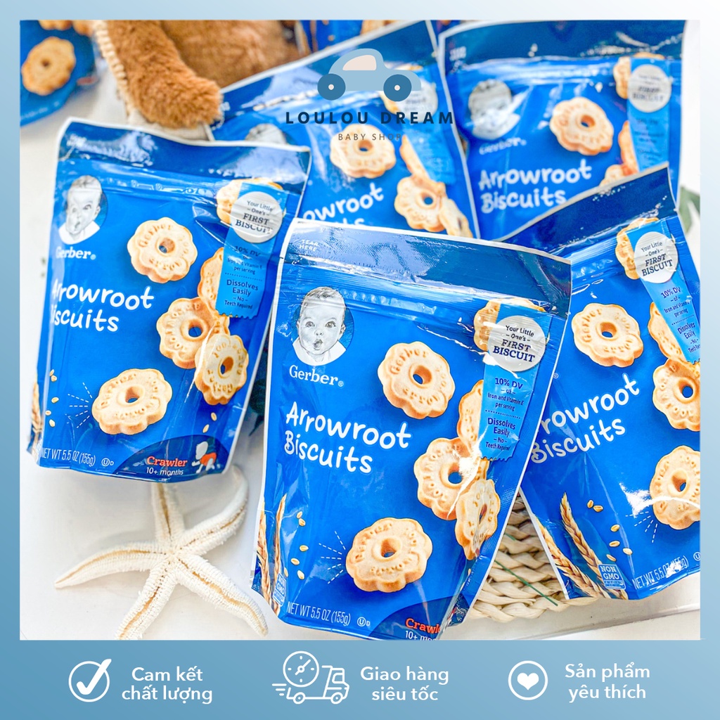 Bánh quy ăn dặm Gerber thơm ngon Arrowroot Biscuits hương bơ tự nhiên cho bé từ 10 tháng tuổi 155gr [BAY AIR - DATE MỚI]