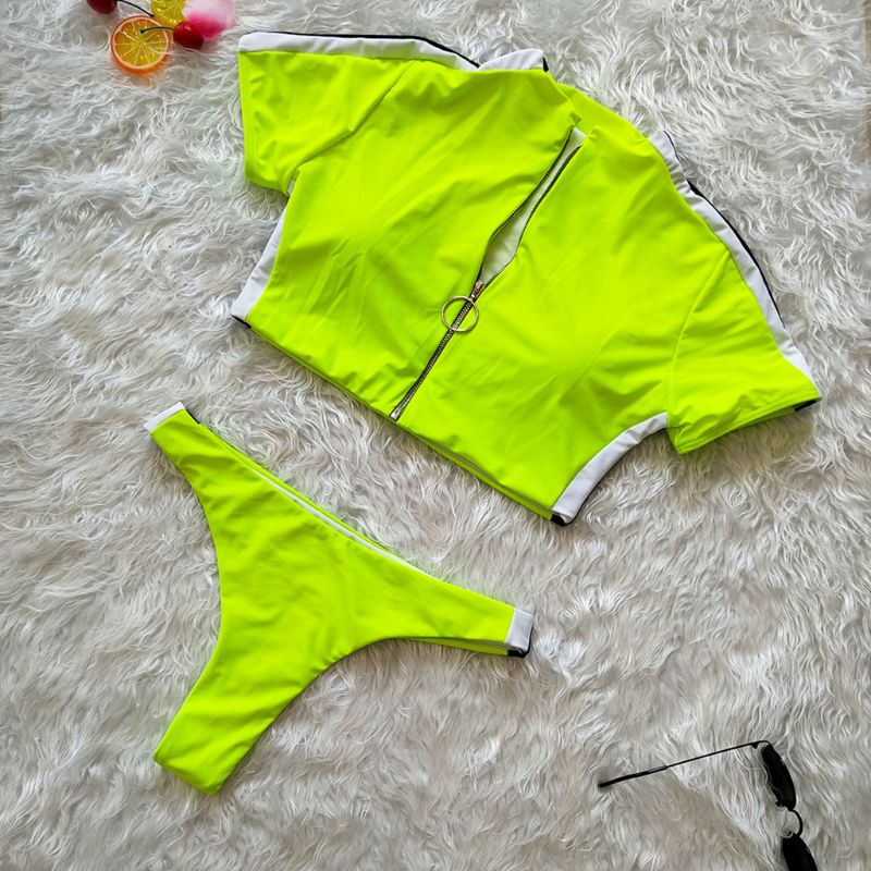 Bộ Bikini Hai Mảnh Ngắn Tay Họa Tiết Sọc Có Đệm Ngực Và Khóa Kéo Gợi Cảm Cho Nữ