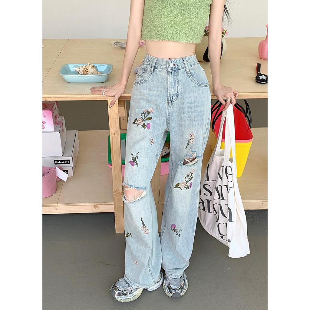 Quần Jean Ống Rộng Rách Gối Thêu Hoa Phong Cách Mới Mùa Hè 64011