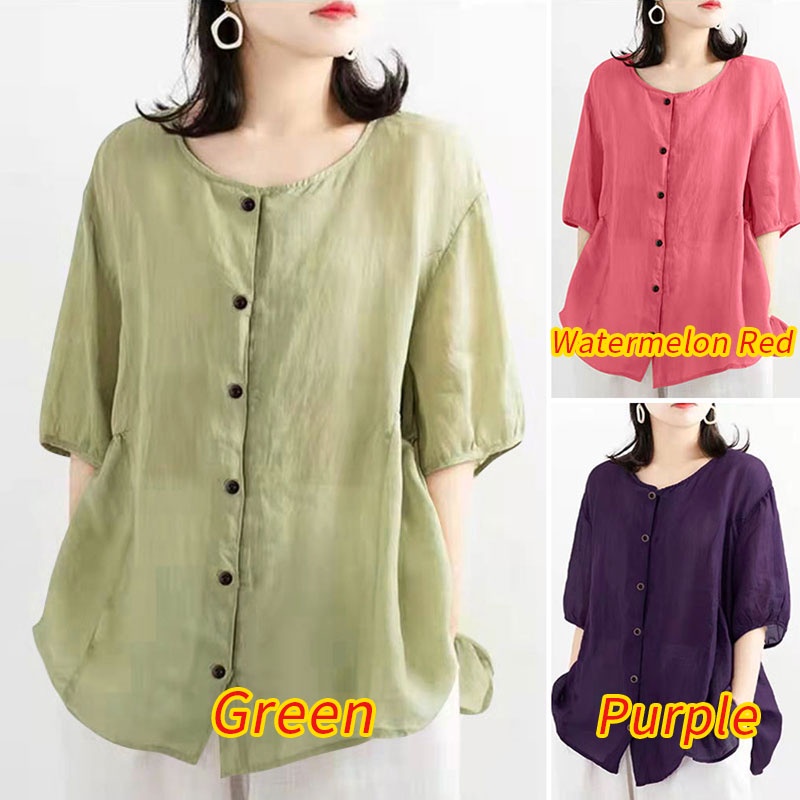 Áo kiểu ZANZEA cổ tròn tay lỡ dáng rộng cài nút phong cách retro thời trang cho nữ