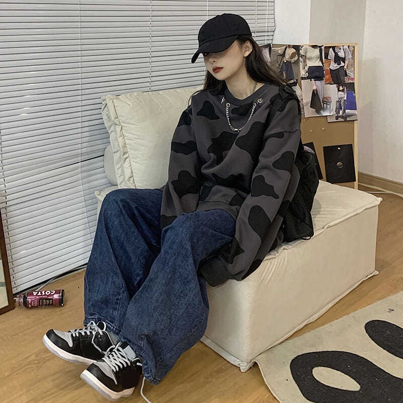 COZOK Áo Sweater Tay Dài Cổ Tròn Dáng Rộng Phong Cách Thời Trang Hàn Quốc