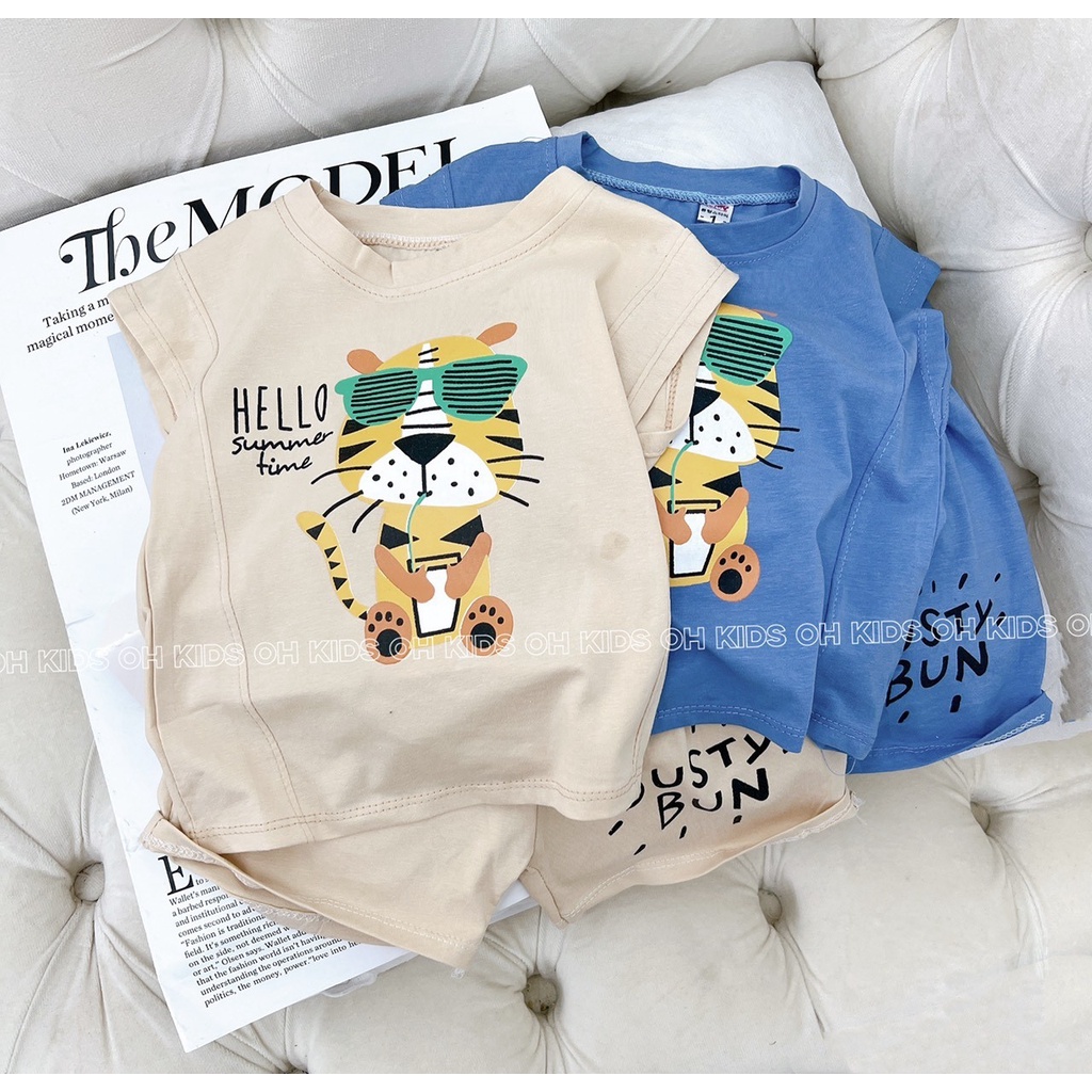 Bộ cộc tay sát nách 100% Cotton tàu in hình Con Cọp cho bé gái, bé trai