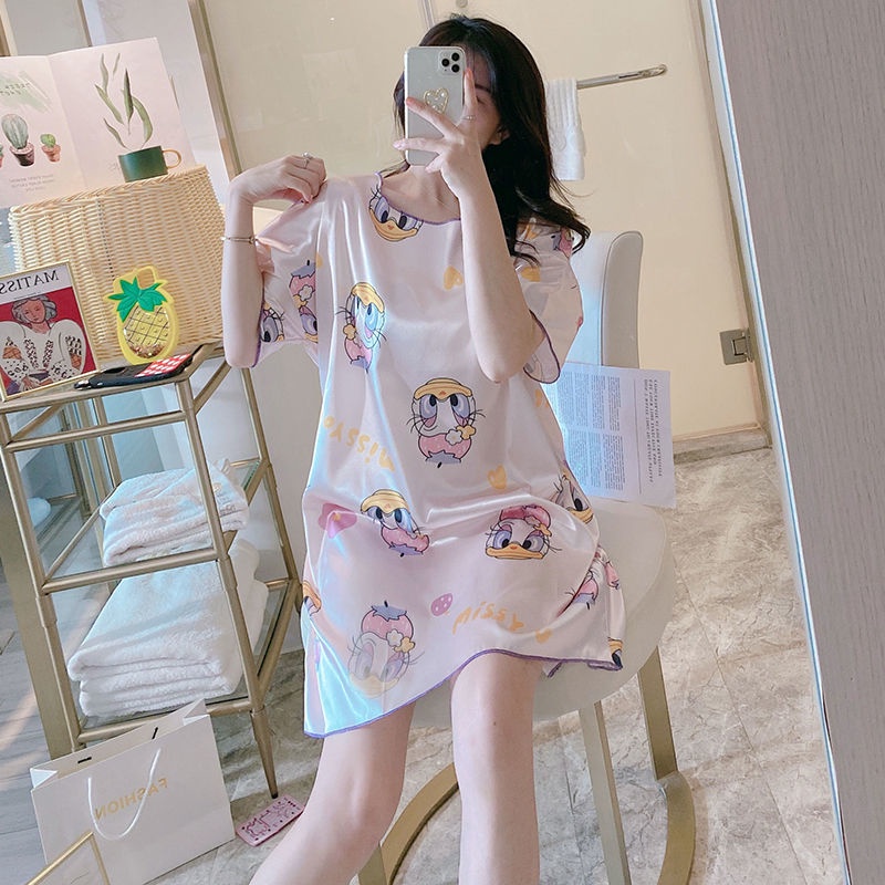 Váy ngủ cộc tay đầm ngủ dáng suông chất lụa satin cao cấp mềm mát đồ ngủ mặc nhà | BigBuy360 - bigbuy360.vn
