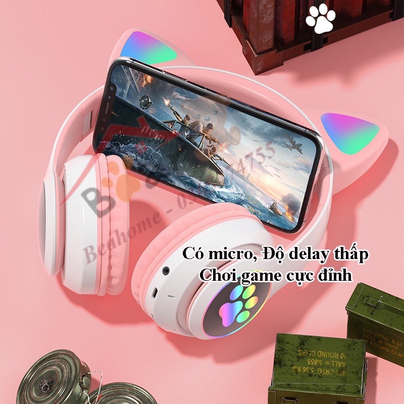 Tai nghe bluetooth chụp tai tai mèo có đèn led, có micro chơi game. Headphone bluetooth thỏ dễ thương hồng, đen, xanh.