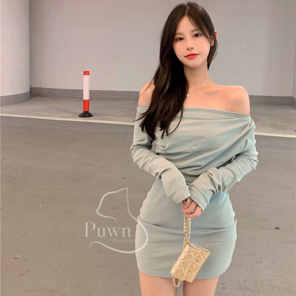 Váy body trễ vai xanh thanh lịch Puwn Shop
