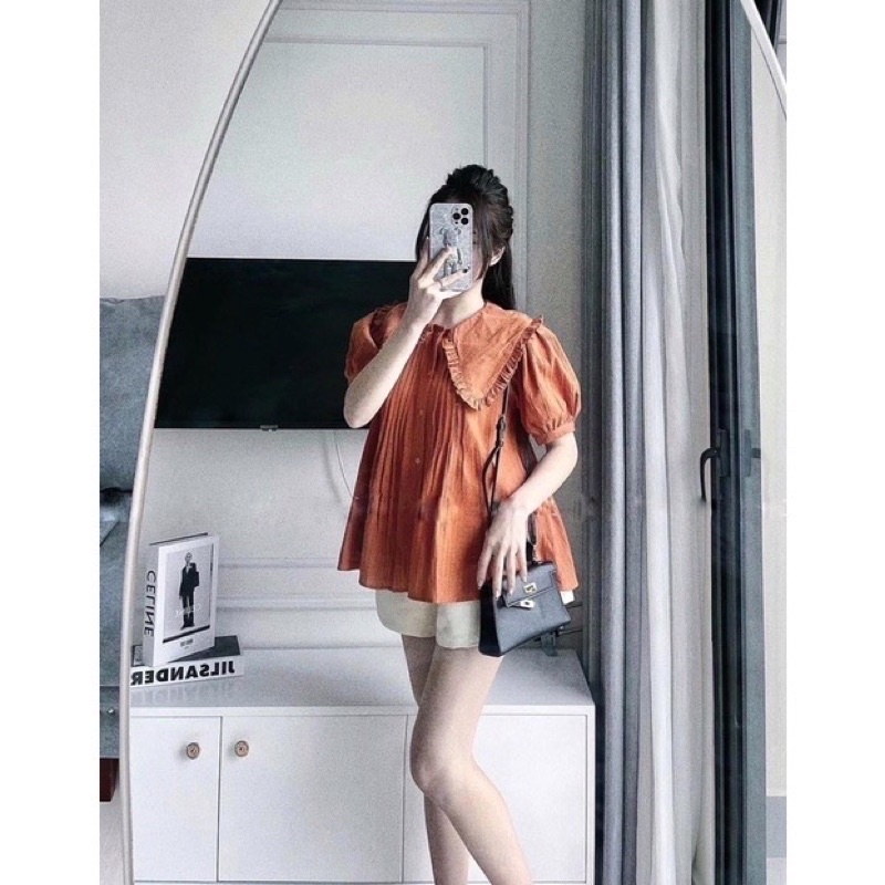 SET ÁO CAM BABYDOLL CỔ NHỌN PHỐI BÈO KÈM QUẦN SHORT TACTA SSMCQT