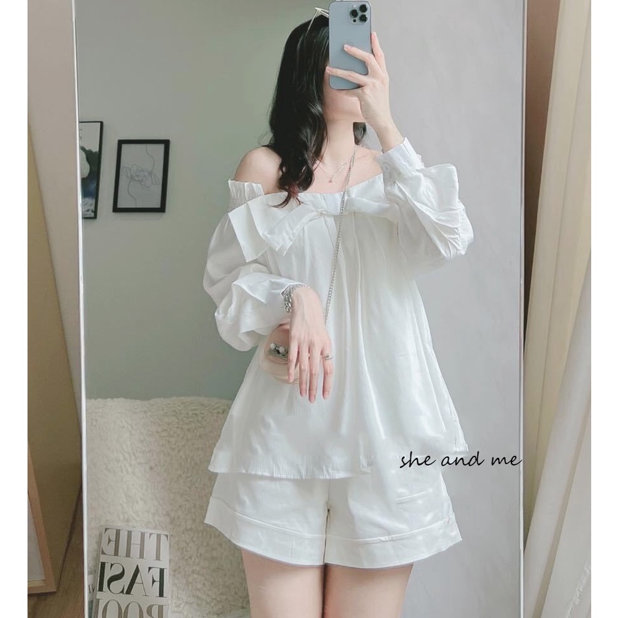 (SALE TẬN GỐC) Sét Áo Trễ Vai Thắt Nơ Bo Chun Tay Áo Kèm Quần Short Cạp Chun Siêu Đẹp Ảnh Thật Tự Chụp