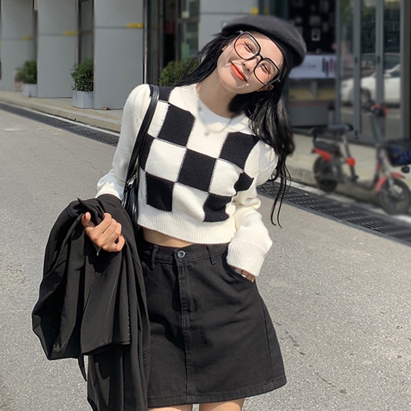 Áo croptop dệt kim tay dài cổ tròn phong cách thời trang hàn quốc dành cho nữ Sweater