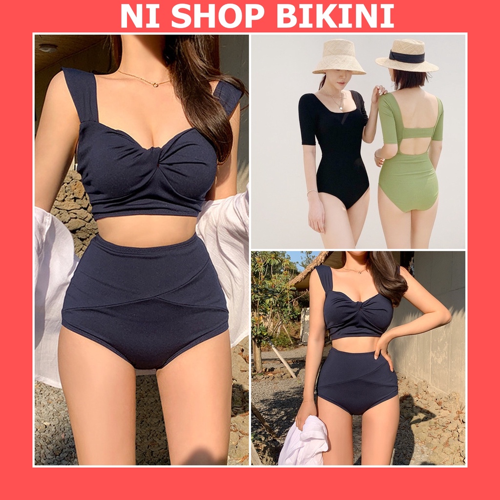 Đồ bơi nữ 2 mảnh xanh than xoắn ngực quần cạp cao sang chảnh kín đáo R20