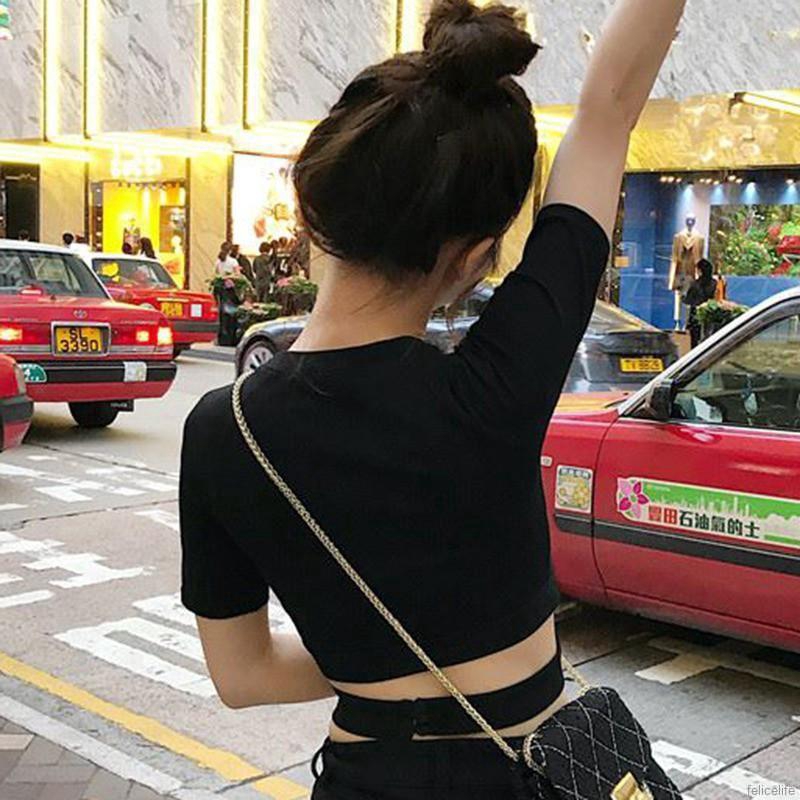 Áo Croptop tay ngắn cổ tròn thiết kế màu trơn cá tính cho nữ