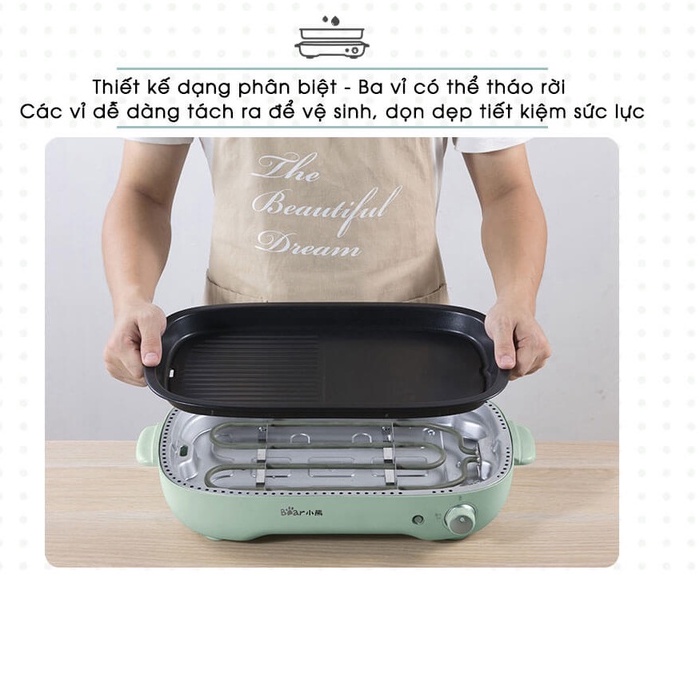 Nồi Lẩu Nướng Điện Mini Đa Năng BEAR 𝗗𝗞𝗟-𝗖𝟭𝟱𝗚𝟭 _Bản Quốc Tế_Bếp Nướng Lẩu Mini Gia Đình,1600W_Bảo Hành 18 Tháng