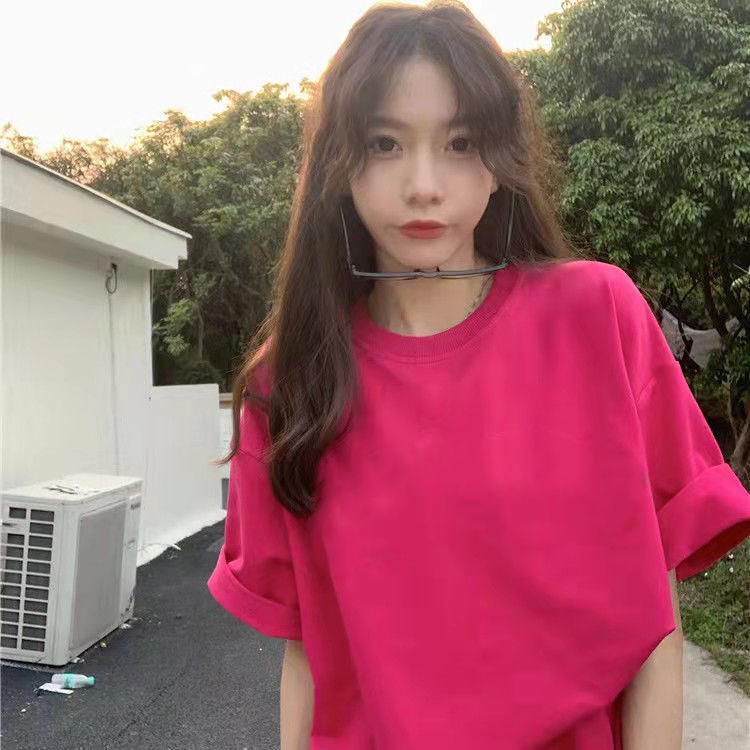 Áo Thun Cotton Tay Ngắn Màu Trơn Dáng Rộng Màu Sắc Đơn Giản Trẻ Trung Dành Cho Nữ