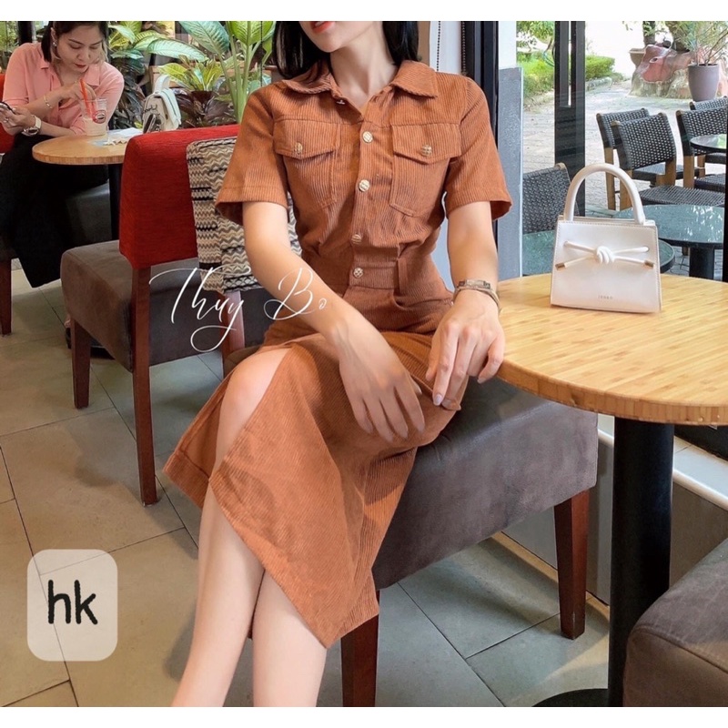 Váy nhung tăm 2 túi cúc đồng dáng dài 3 màu cho nữ