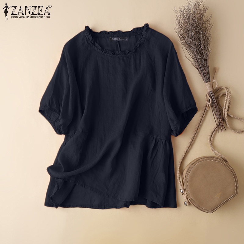 Áo kiểu  ZANZEA cổ tròn tay lửng màu trơn phong cách vintage cho nữ