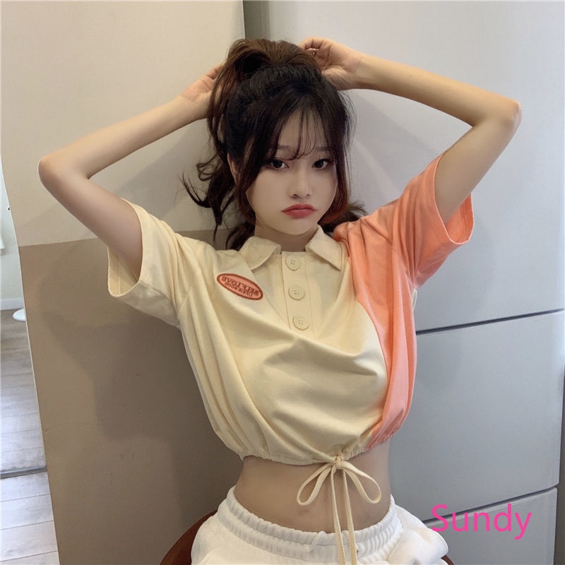 Áo Sơ Mi Cổ Polo Phối Dây Rút Màu Sắc Trẻ Trung Thời Trang Mùa Hè