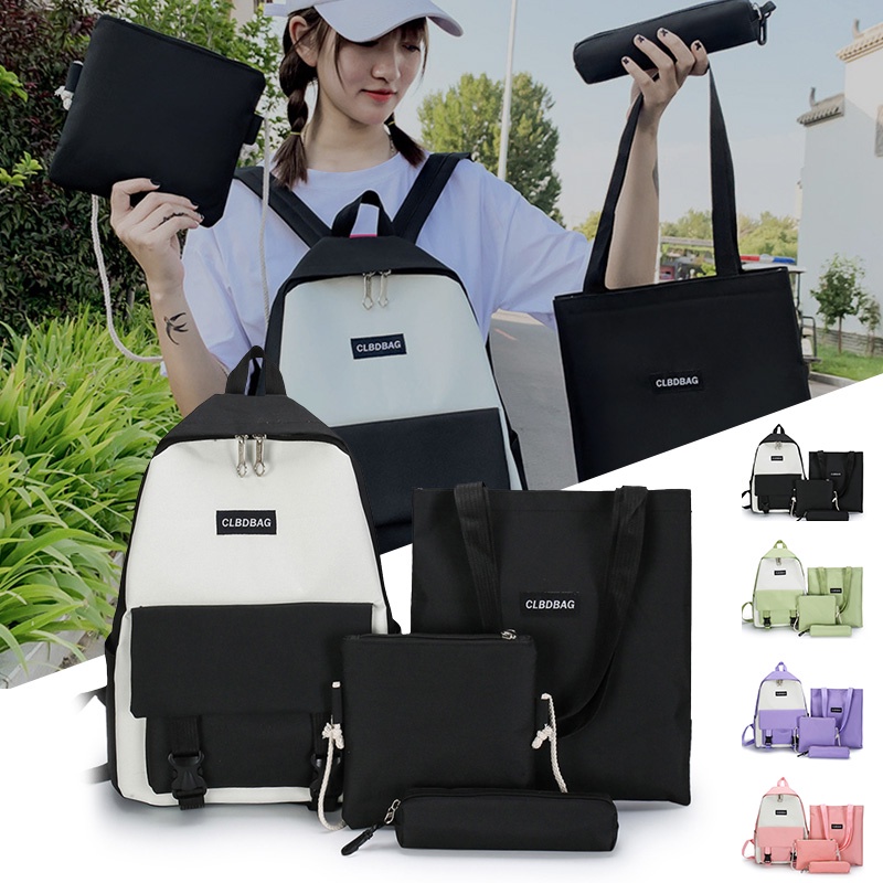 Set 4 Món Balo Túi Ví Canvas Chống Nước Nhiều Ngăn Khóa Kéo Dành Cho Học Sinh Đi Học
