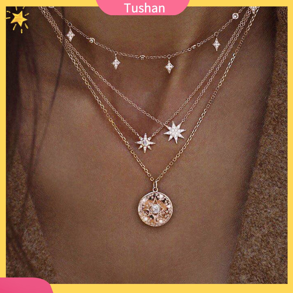 Dây chuyền nhiều lớp mặt ngôi sao gắn ngọc trai giả phong cách boho cho nữ