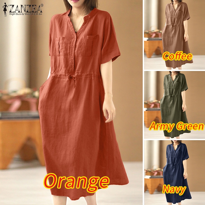 Đầm ZANZEA cổ V tay ngắn lưng cao dáng rộng phối dây rút phong cách vintage cho nữ