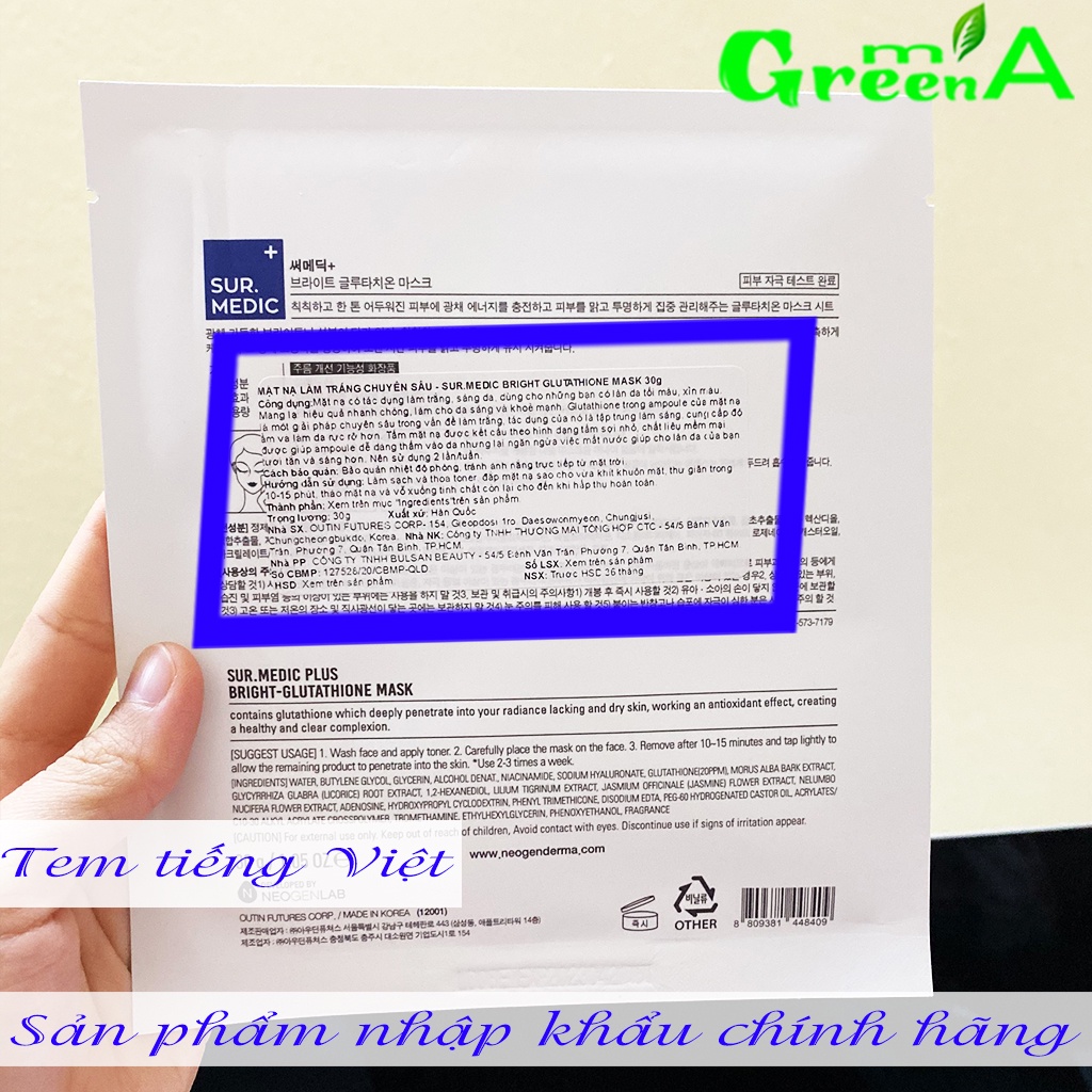 Mặt Nạ Dưỡng Trắng Da Chuyên Sâu Sur.Medic+ Bright Glutathione Mask 30g  NHẬP KHẨU CHÍNH HÃNG CÓ TEM