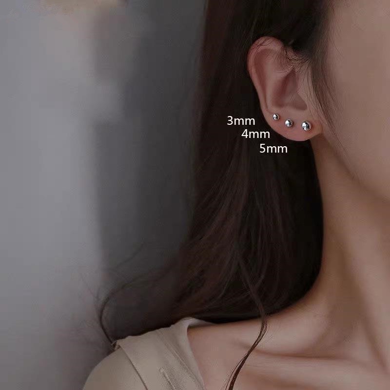 Set 6 bông tai bạc S925 đính hạt tròn đơn giản chống dị ứng thời trang cho nữ