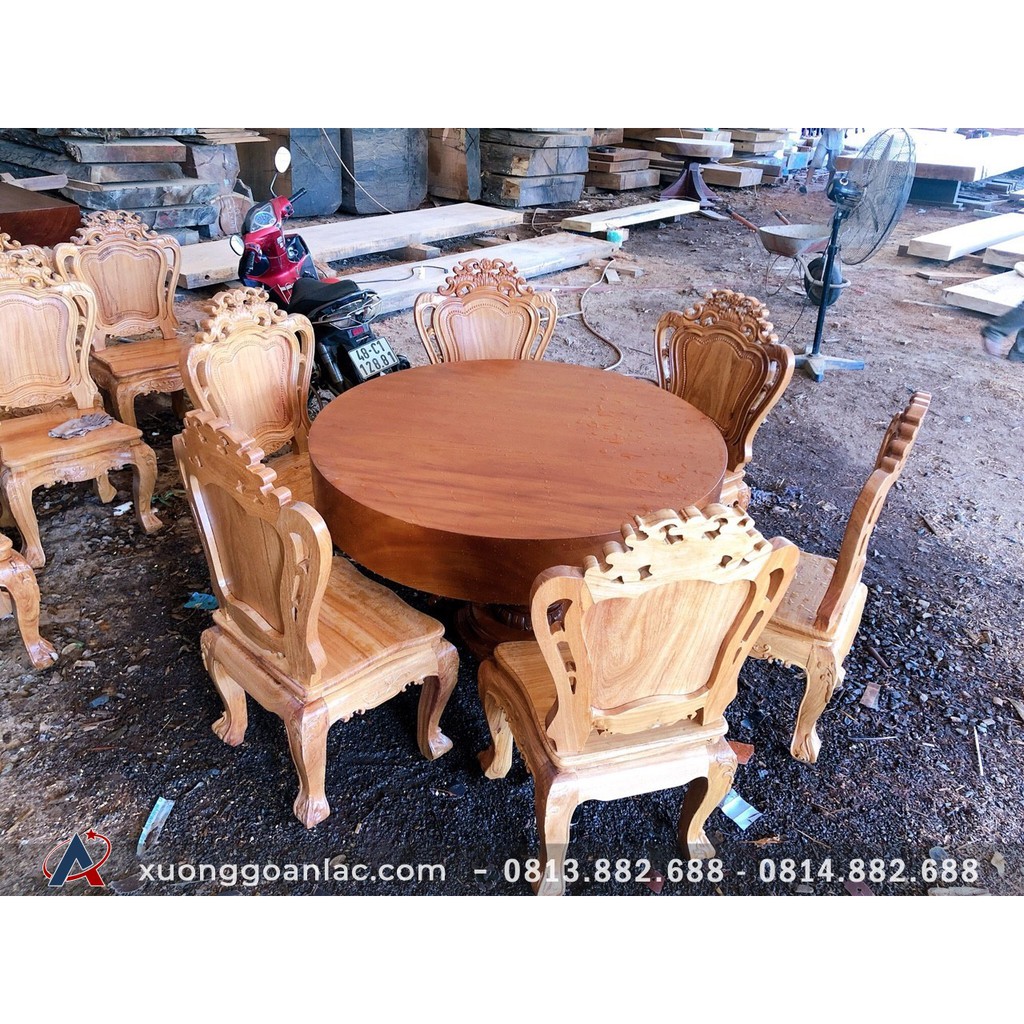 Bộ bàn ăn tròn gỗ gõ đỏ nguyên khối 6 ghế louis đục 1 mặt