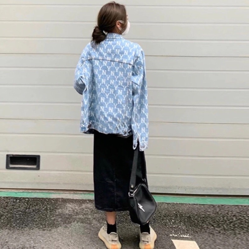 - ẢNH THẬT ÁO KHOÁC BÒ XANH NHẠT DEMIN HOẠ TIẾT MLB NY CÁ TÍNH