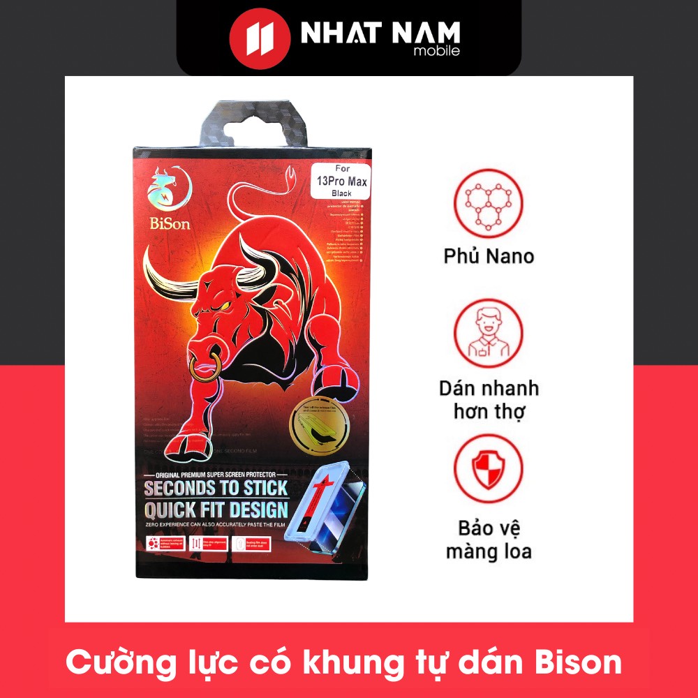 Cường lực có khung tự dán, chính hãng Bison, từ X/Xs đến 13Promax, siêu dễ dán, chống bụi