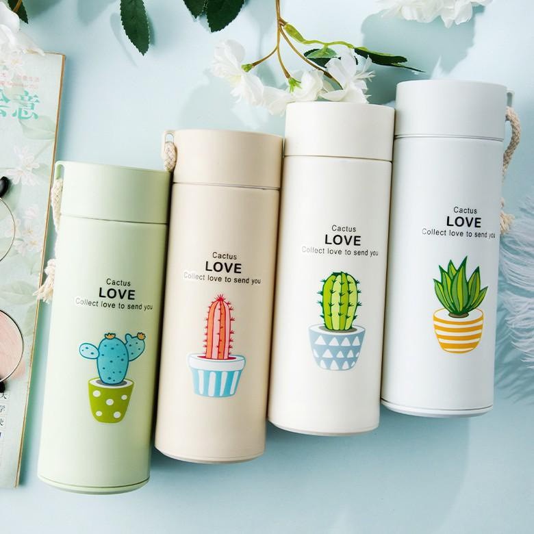 Bình giữ nhiệt in hình xương rồng 450ml lõi thủy tinh bọc nhựa lúa mạch có dây xách tiện dụng