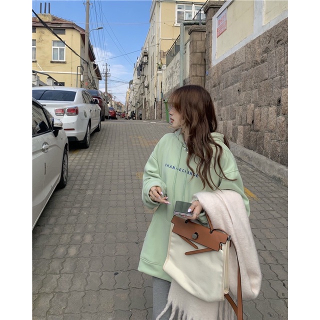 Áo Hoodie Nỉ Bông Tay Dài Unisex Chữ Xanh Đậu