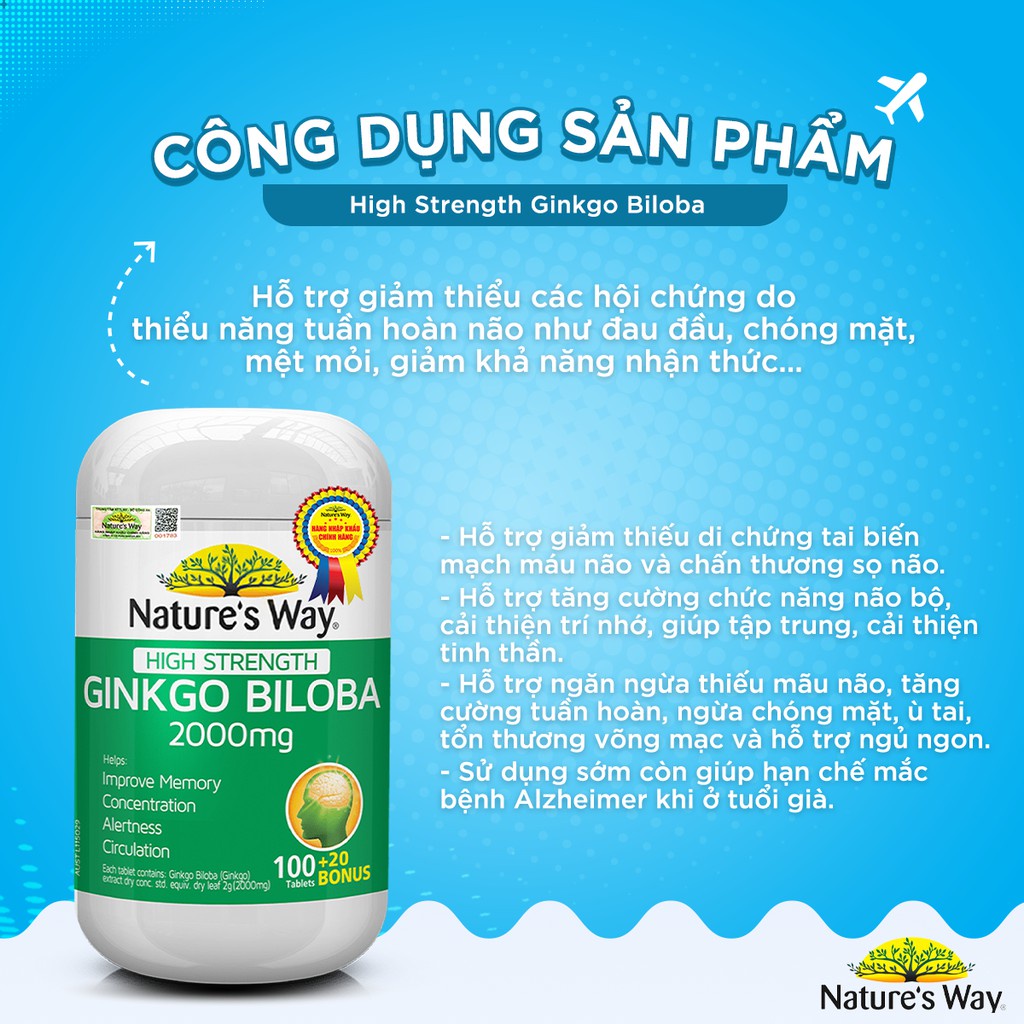 Viên uống tăng cường tuần hoàn não trí nhớ Nature's way high strength ginkgo biloba.Lọ 120 viên suckhoechomoinha