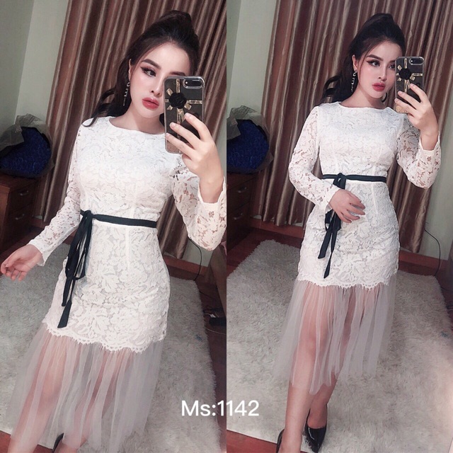 Váy ren trắng hoa xanh