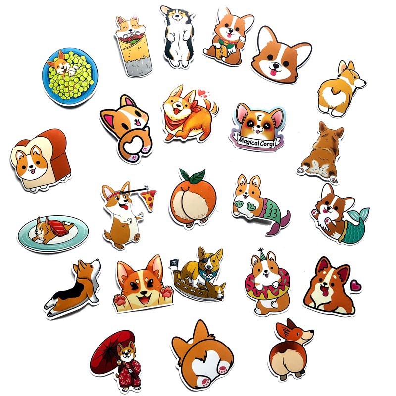 Set 25 miếng sticker dán trang trí chống thấm hình cún Corgi đáng yêu