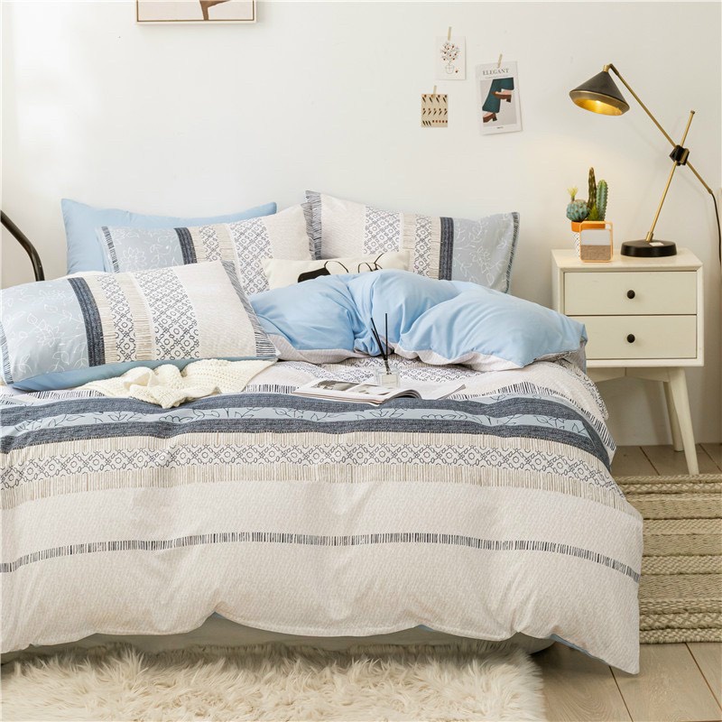 Bộ chăn ga gối cotton poly - Mẫu thổ cẩm xanh.