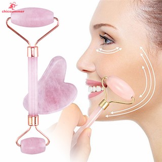 Bộ đá guasha và con lăn mát xa da mặt pha lê hồng chuyên dụng tiện lợi
