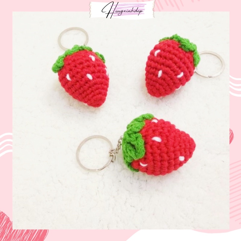 Móc Khóa Đẹp Cute hình trái dâu tây dễ thương bằng len, móc khoá dâu tây handmade