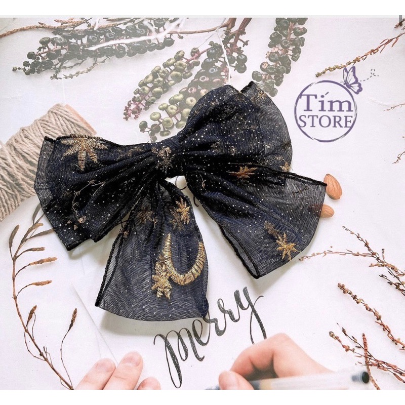 Kẹp tóc nơ lưới thêu trăng sao TÍM STORE phong cách hàn quốc thời trang hiện đại