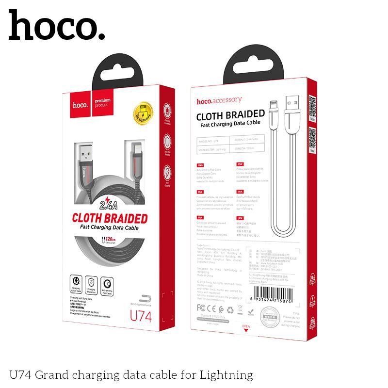 Cáp sạc nhanh Hoco U74 hợp kim kẽm 2.4A cho iPhone, iPad, Android dây dài 1.2m