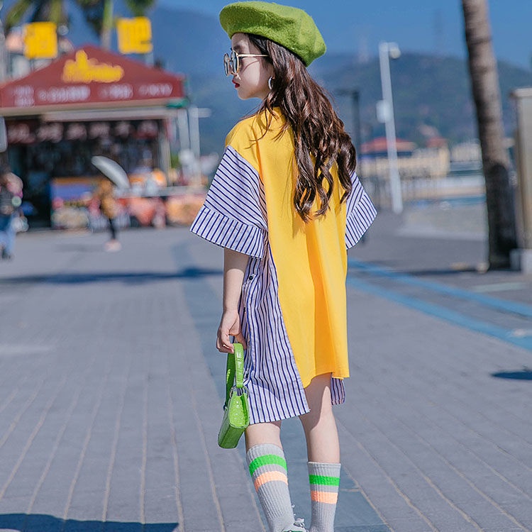 Áo Thun Tay Ngắn Mùa Hè Ghép Vải Sọc Caro Vàng Hợp Thời Trang Cho Bé Gái 7-13 Tuổi