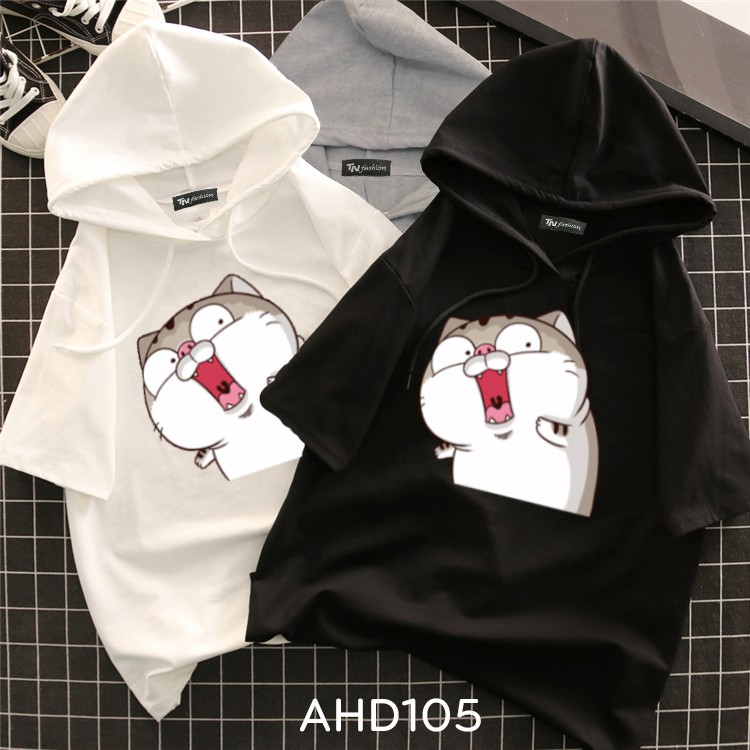 ⚡️ FreeShip 50k ⚡️ AHD105 Áo thun teen nam nữ HOODIE TAY LỠ CÓ NÓN hình mèo ami bụng bự