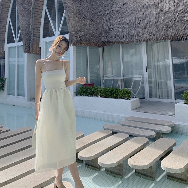 IELGY Đầm Dáng Chữ A Hai Dây Ôm Eo Màu Trơn Lãng Mạn Màu Sắc