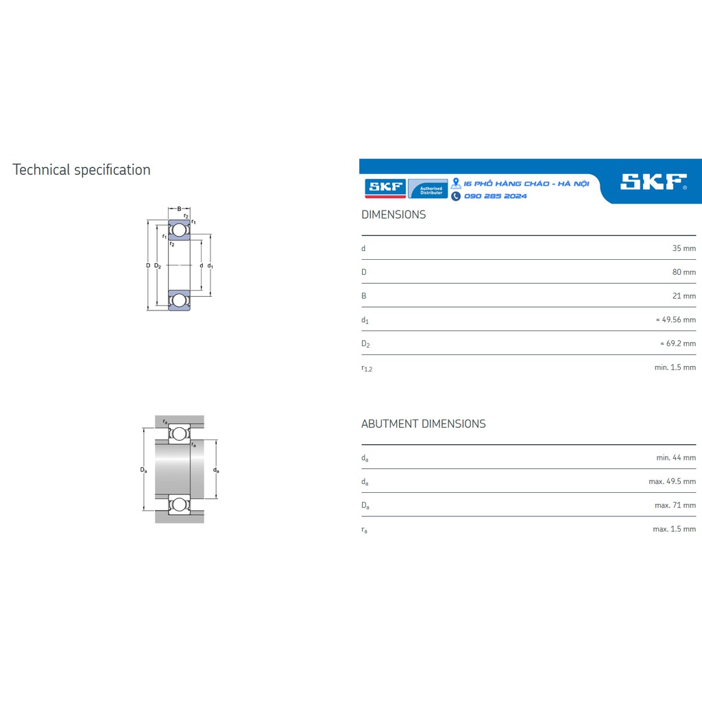VÒNG BI SKF 6307-2Z/C3 chính hãng