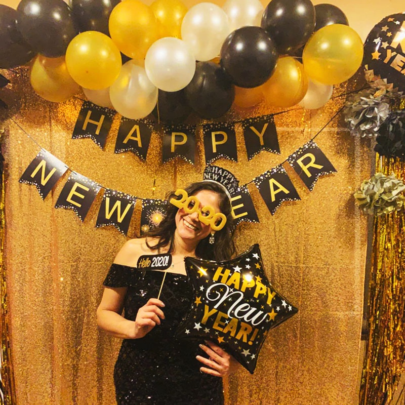 Màu vàng đen chúc mừng năm mới bong bóng lá nhôm đặt chai rượu bong bóng khí heli 2022 trang trí năm mới hạnh phúc trang trí tết
