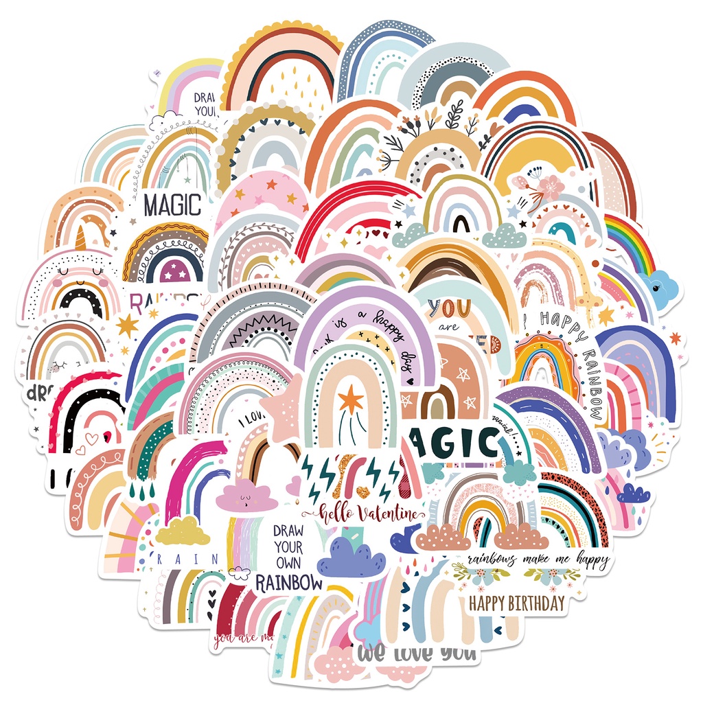 Bộ 60 Miếng Dán Hình Cầu Vồng Hoạt Hình Trang Trí Laptop/Tủ Lạnh/Điện Thoại/Ván Trượt