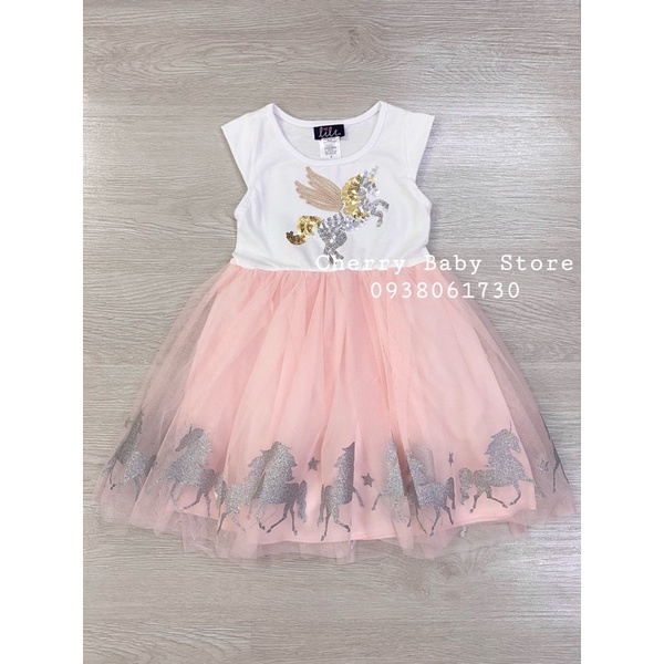 Đầm ngựa pony đính cườm trắng hồng bé gái