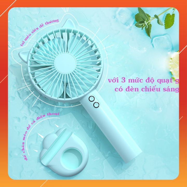 uạt Tích Điện Mini Cầm Tay Tai Mèo Có Đế Để Bàn - Có Đèn Chiếu Sáng - 3 Cấp Độ Gió - Tặng Kèm Sạc &amp; Pin 1200mAh JP2