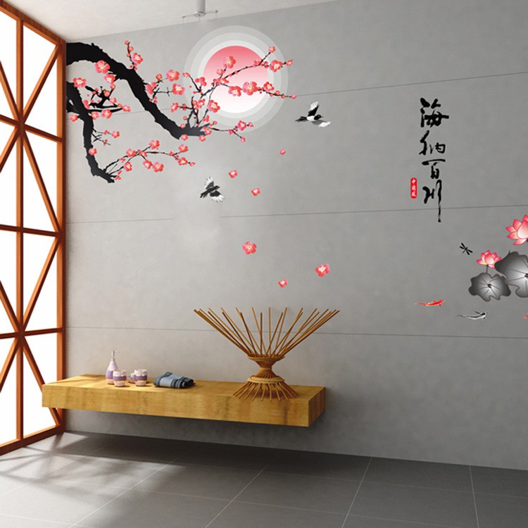 Tranh dán tường hình cành mai và hoa sen, Decal thư pháp hải nạp bách xuyên, Tranh 3D trang trí phòng khách