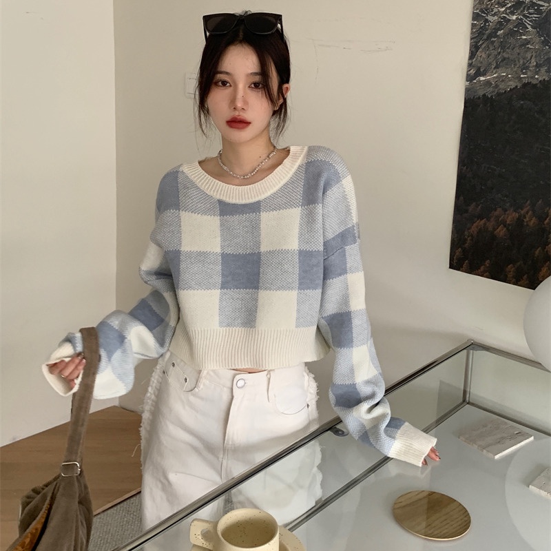 Áo lửng tay dài cổ tròn họa tiết sọc caro phong cách mới cho nữ